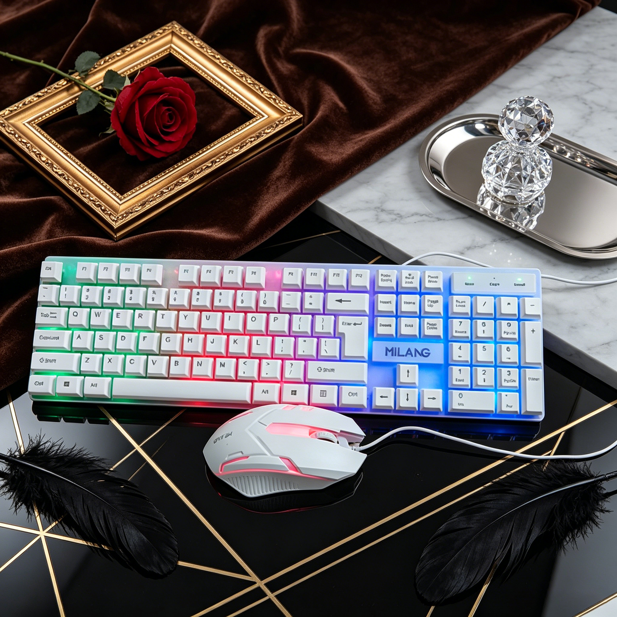 Desk Setup Rgb - Wired RGB Backlit Keyboard Mouse Set,Ergonomic