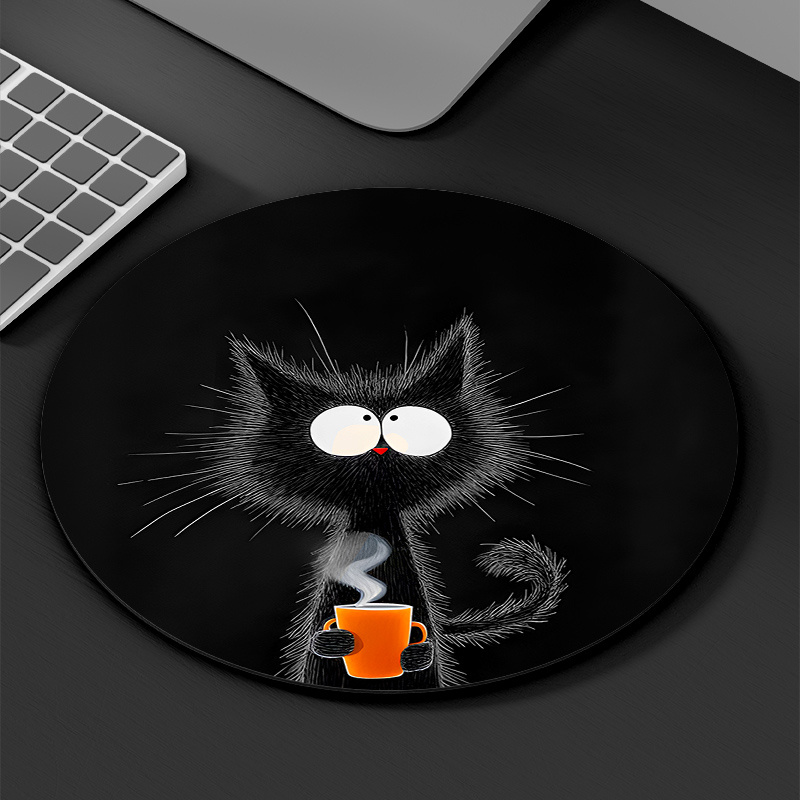 Desk Setup Tech - Black Cat Round Mouse Pad Durable