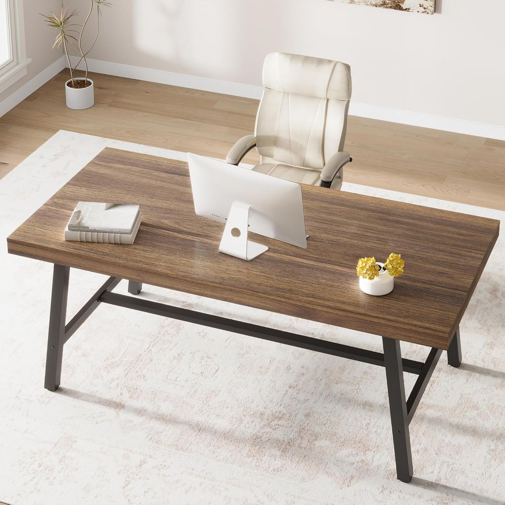 Dual Monitor Desk Setup - Extra Long Industrial-Style Rustic Wooden Metal