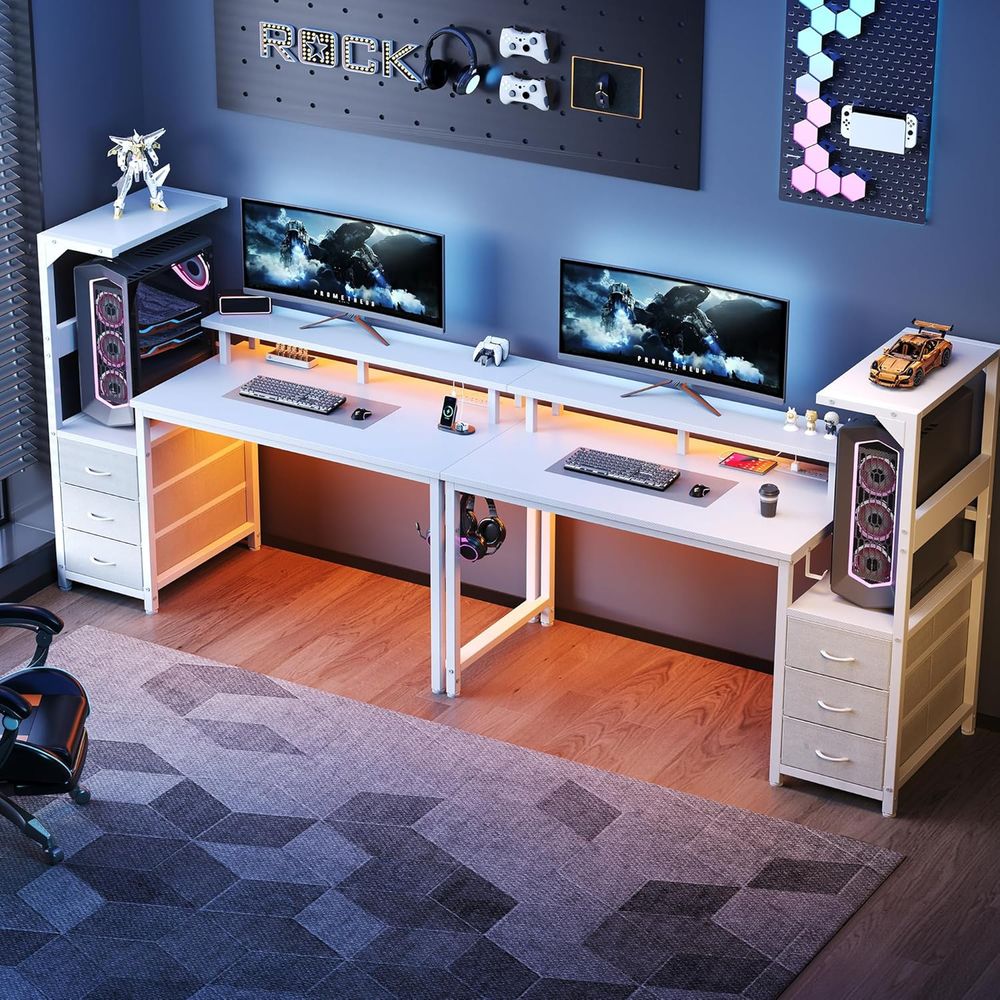 White 52 L-Shaped Gaming Desk  - Dual Monitor Desk Setup ulasan dan harga